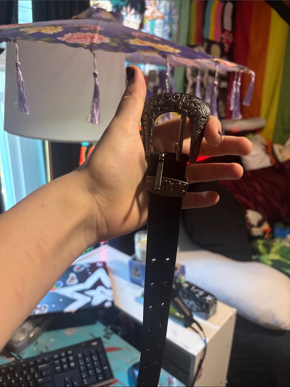 Women's Black Leather Belt with Ornate Silver Buckle